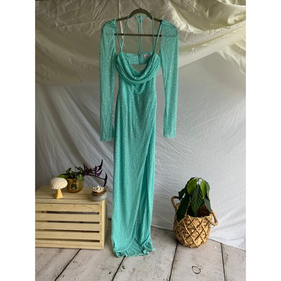 Oh Polly Champel
Embellished Cowl Neck Maxi Dress in Aqua - Picture 1 of 5